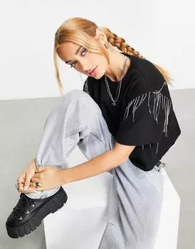 Черная футболка с отделкой стразами на проймах ASOS DESIGN