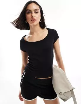 Черная футболка с широким воротником и рукавами ASOS