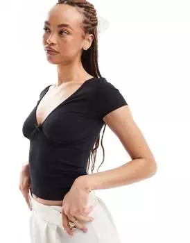 Черная футболка с v-образным вырезом и бантом Motel