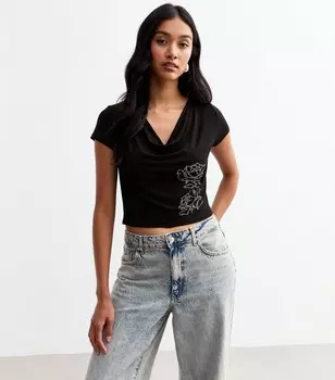 Черная футболка с воротником-хомутом и цветочным принтом из страз New Look, черный