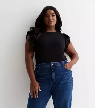 Черная футболка с вышивкой и оборками Curves New Look, черный