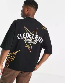 Черная футболка свободного кроя с принтом Cleveland на спине и груди ASOS DESIGN
