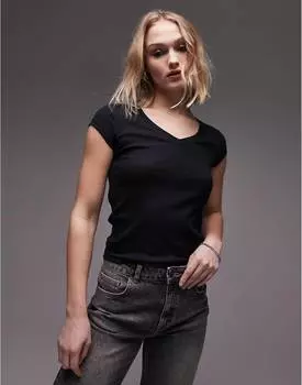 Черная футболка в рубчик с v-образным вырезом Topshop