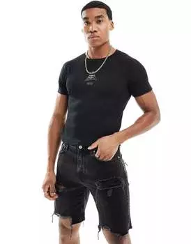 Черная футболка в рубчик с вышивкой звезд ASOS