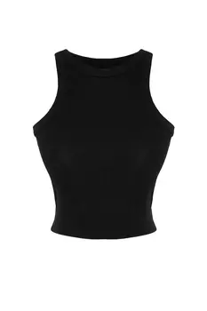 Черная хлопковая эластичная трикотажная майка с эффектом старины/выцветания, укороченная бретелька с бретелькой на шее, Trendyol, черный