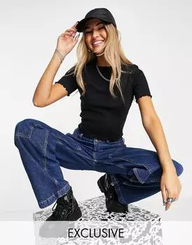 Черная хлопковая футболка в рубчик с салатовым краем COLLUSION - BLACK