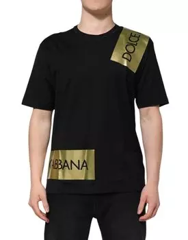 Черная хлопковая мужская футболка с круглым вырезом и логотипом Dolce & Gabbana, золотой/черный