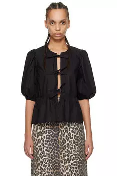 Черная хлопковая поплиновая блузка с завязками-баской GANNI