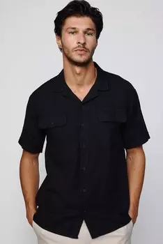 Черная хлопковая рубашка свободного покроя с короткими рукавами и двойным карманом и открытым воротником TUDORS