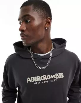 Черная худи из фигурного флиса с вышитым логотипом Abercrombie & Fitch