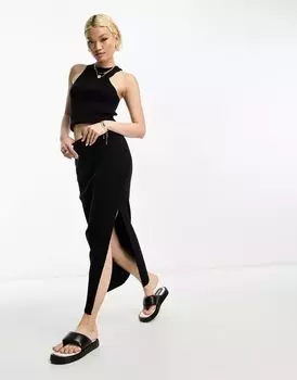 Черная комбинированная юбка миди в рубчик ASOS