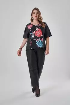 Черная кожаная футболка с рисунком Mizalle