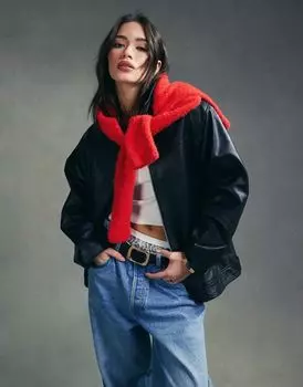 Черная кожаная куртка премиум-класса с верхним воротником ASOS DESIGN