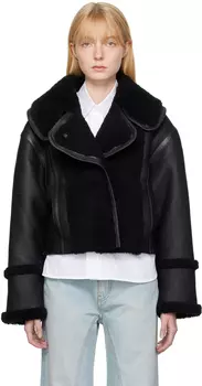 Черная кожаная куртка с раздвинутым воротником Victoria Beckham