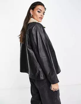 Черная кожаная куртка с воротником-боргом Object