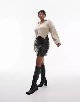 Черная кожаная мини-юбка с разрезами Topshop Curve