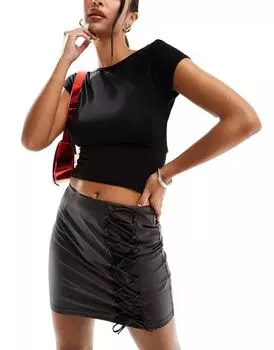 Черная кожаная мини-юбка со шнуровкой ASOS Design