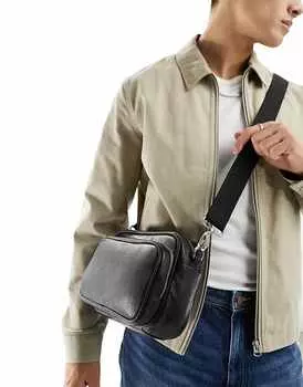 Черная кожаная сумка через плечо с карманом на молнии ASOS DESIGN