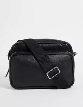 Черная кожаная сумка через плечо с карманом на молнии ASOS DESIGN