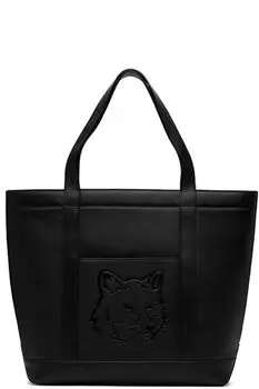 Черная кожаная сумка-тоут с головой лисы среднего размера Maison Kitsun