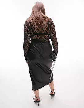 Черная кожаная юбка миди с высоким разрезом и завязками Topshop