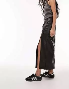 Черная кожаная юбка миди со сборками по бокам Topshop