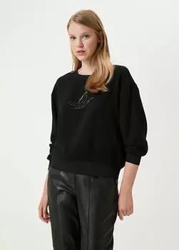 Черная креповая блузка с круглым вырезом и вышитым логотипом Beymen