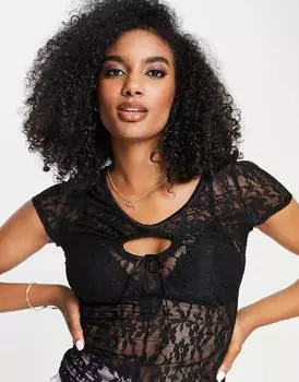 Черная кружевная футболка с короткими рукавами Topshop