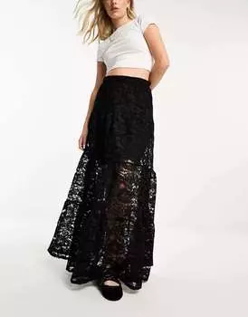 Черная кружевная ярусная юбка макси Miss Selfridge