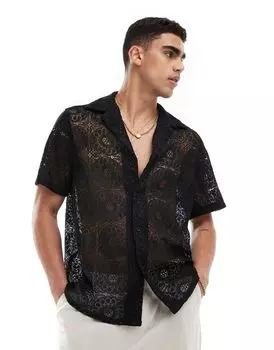 Черная кружевная рубашка свободного кроя с короткими рукавами ASOS DESIGN Premium