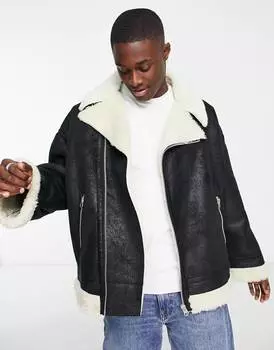 Черная куртка-авиатор из искусственной овчины ASOS DESIGN