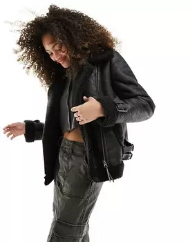 Черная куртка-авиатор из искусственной овчины Superdry