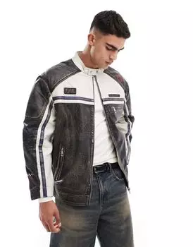 Черная куртка для мотокросса из натуральной кожи с нашивками ASOS DESIGN Faded