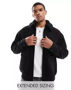 Черная куртка Harrington ASOS DESIGN из ткани с эффектом шерсти с воротником из плюшевого меха