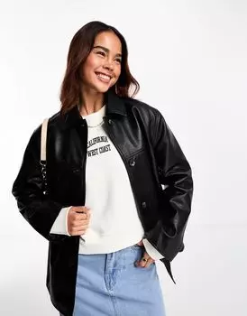 Черная куртка из искусственной кожи с чистым верхним воротником ASOS DESIGN