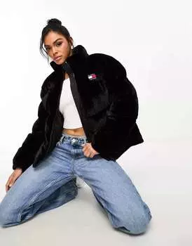 Черная куртка-пуховик из искусственного меха Tommy Jeans