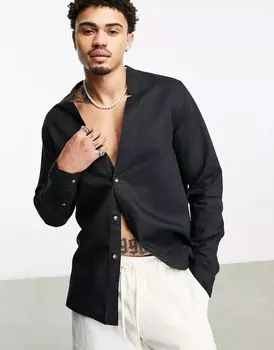 Черная льняная рубашка с глубоким вырезом ASOS