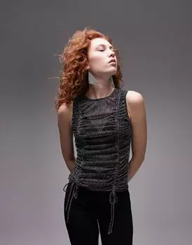 Черная майка цвета металлик со сборками Topshop