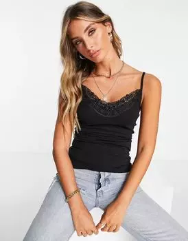 Черная майка из джерси с кружевной отделкой Vero Moda