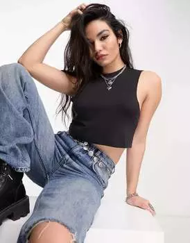 Черная майка с глубоким вырезом и необработанными проймами ASOS