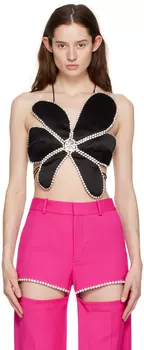 Черная майка с кристаллами мидии и цветком AREA