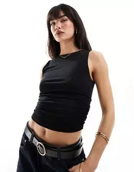 Черная майка со сборками по бокам Stradivarius