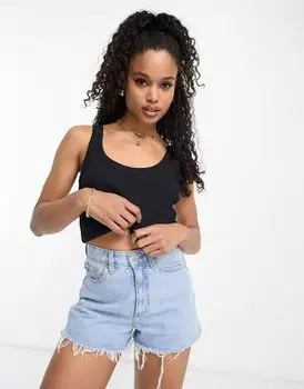 Черная майка в рубчик с глубоким овальным вырезом ASOS