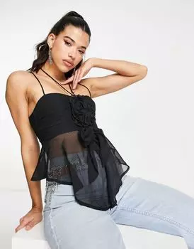 Черная майка в стиле беби-долл с цветочным декором ASOS DESIGN