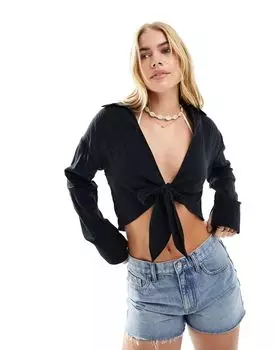 Черная марлевая рубашка с узлом спереди ASOS