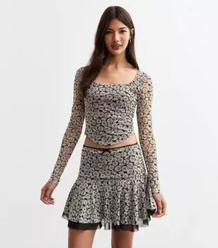 Черная мини-юбка Flippy в сетку с цветочным принтом New Look, черный