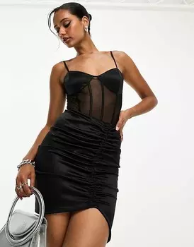 Черная мини-юбка из эластичного атласа со сборками ASOS DESIGN