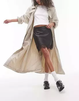 Черная мини-юбка из искусственной кожи Topshop с кружевной вставкой