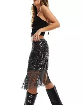 Черная мини-юбка с бахромой и пайетками River Island