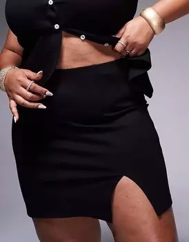 Черная мини-юбка с разрезом по низу и бахромой ASOS DESIGN Curve